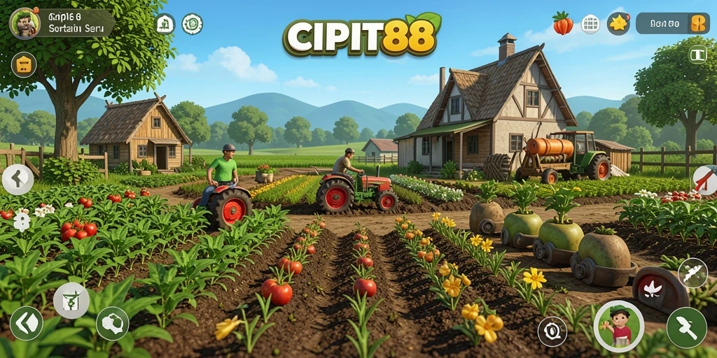 Tampilan gameplay CIPIT88 dengan pertanian yang subur dan hewan ternak.