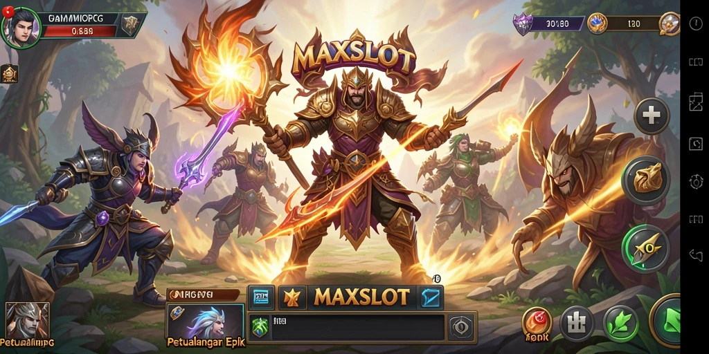 Screenshot gameplay MAXSLOT menampilkan pertarungan epik di dunia fantastis.