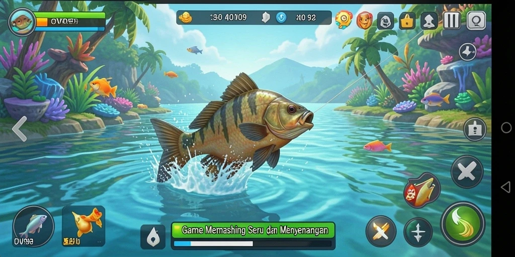 Screenshot utama OVO99 menampilkan gameplay memancing yang menarik dan menawan.