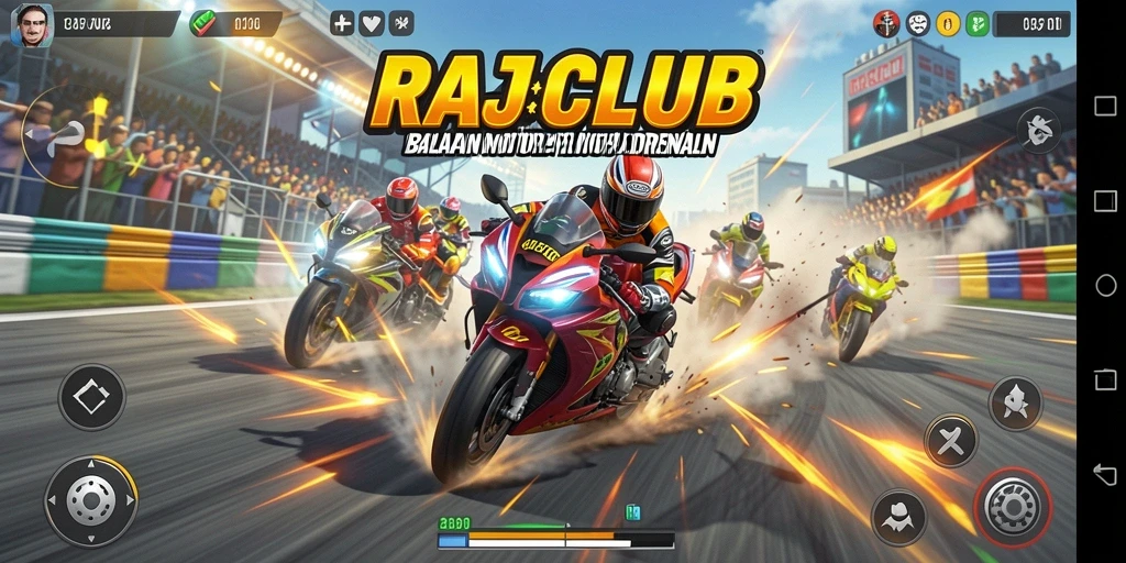 Tampilan gameplay RAJACLUB dengan balapan motor yang seru.