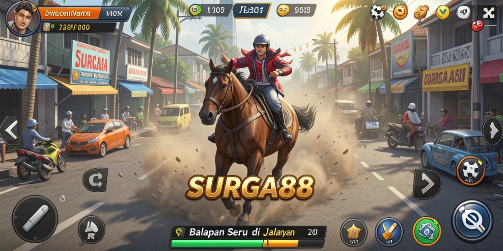 Tangkapan layar SURGA88 menunjukkan aksi balapan yang intens dan mendebarkan.